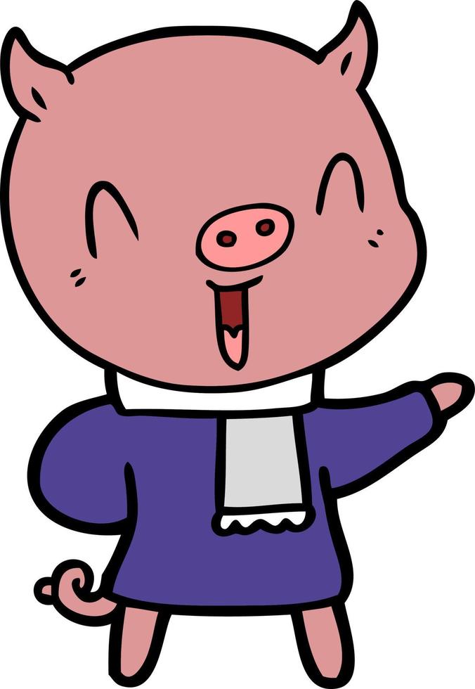 happy cartoon pig in winter clothes vector
