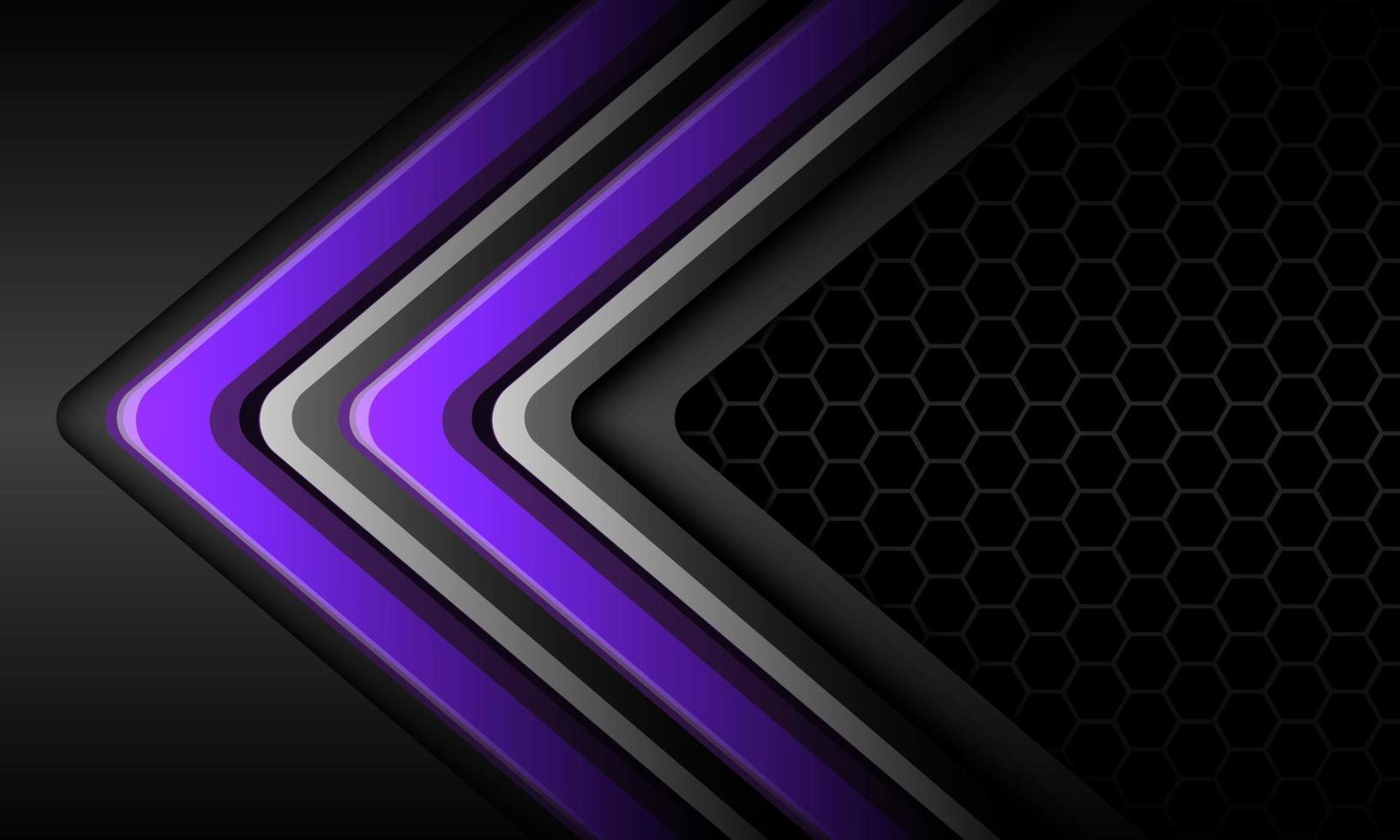 Abstract purple silver twin arrow direction geometric on grey metallic hexagon mesh design modern futuristic background vector