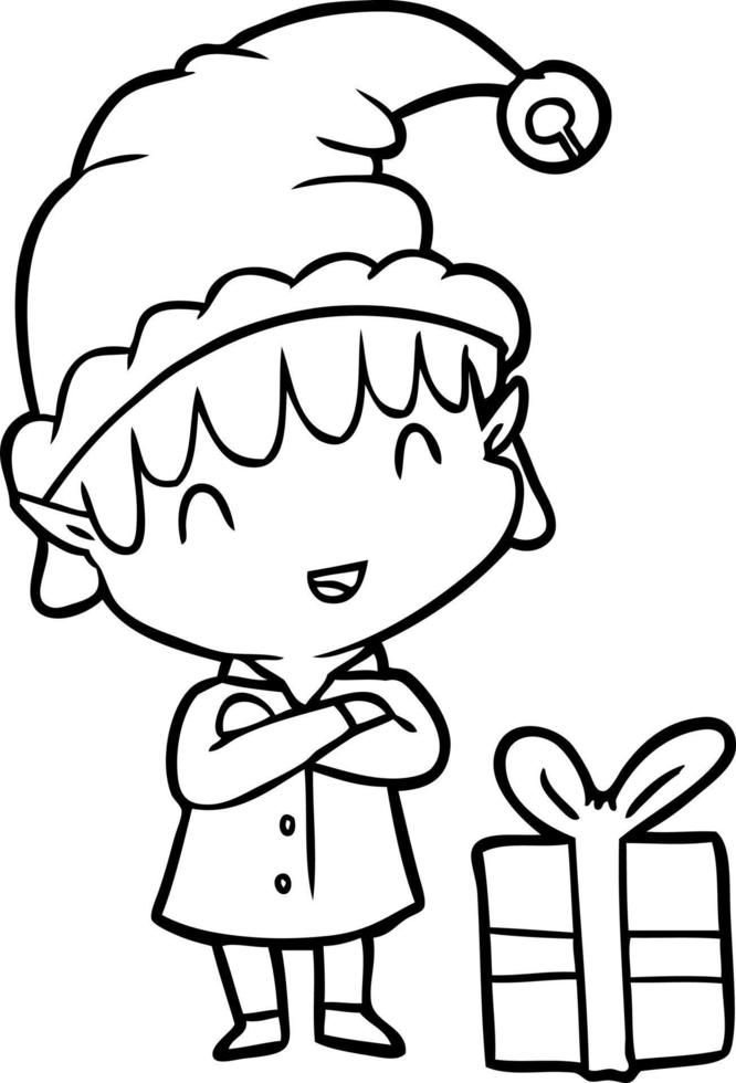 line drawing of a happy christmas elf vector
