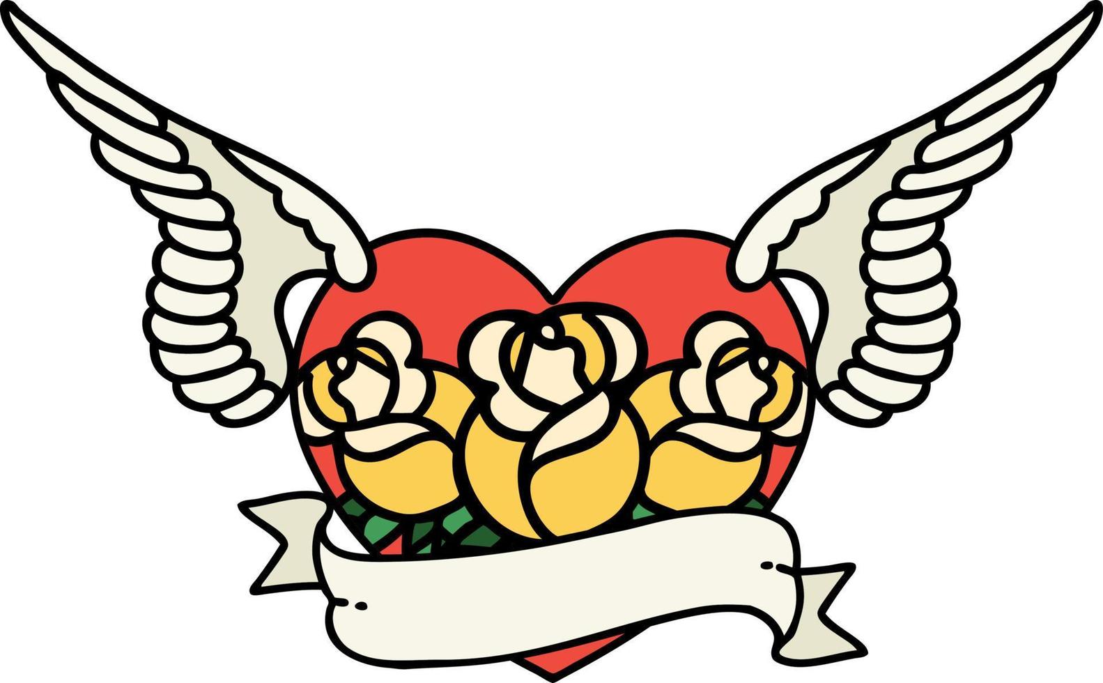 traditional tattoo of a flying heart with flowers and banner vector