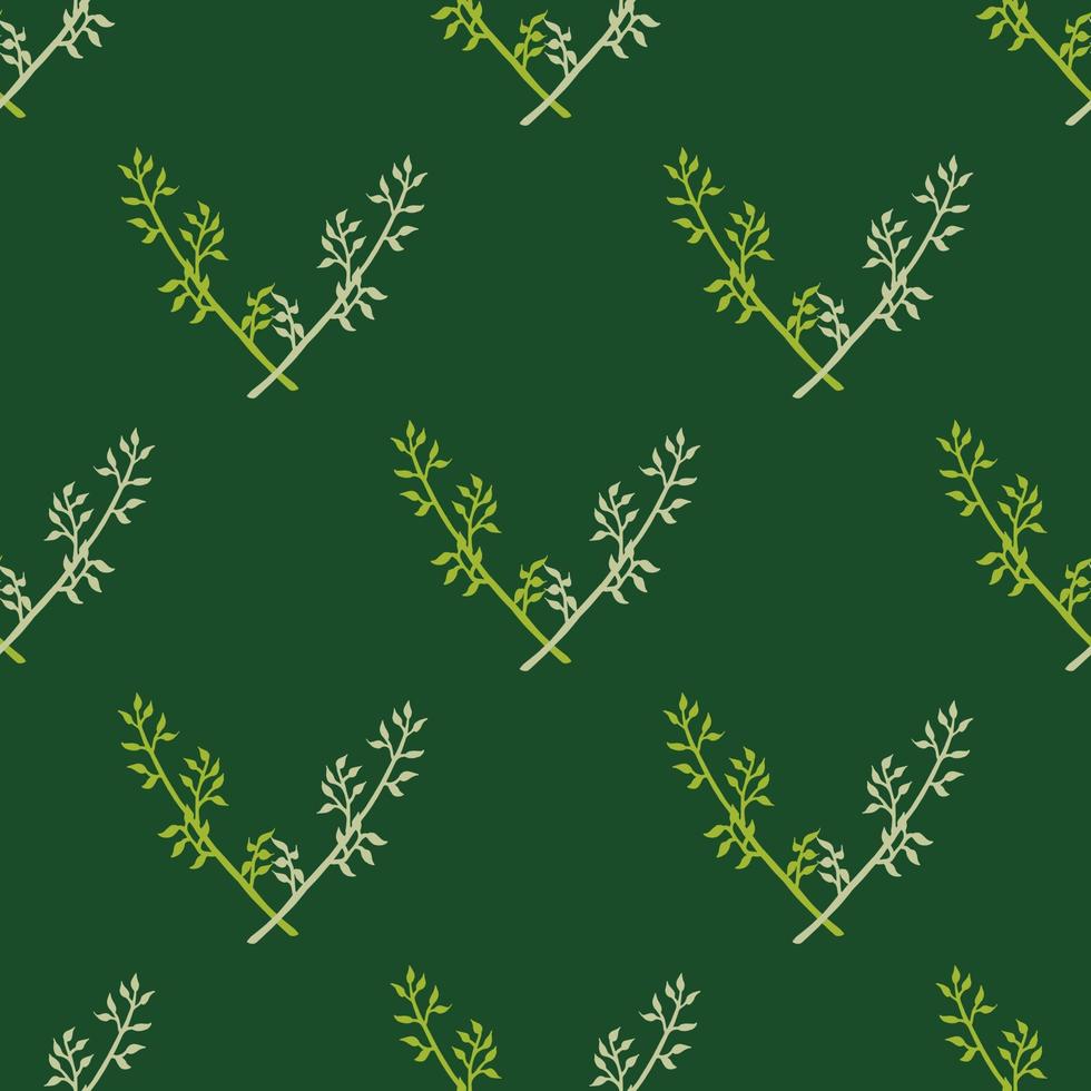 Seamless pattern with light branches on dark green background. Vector image.