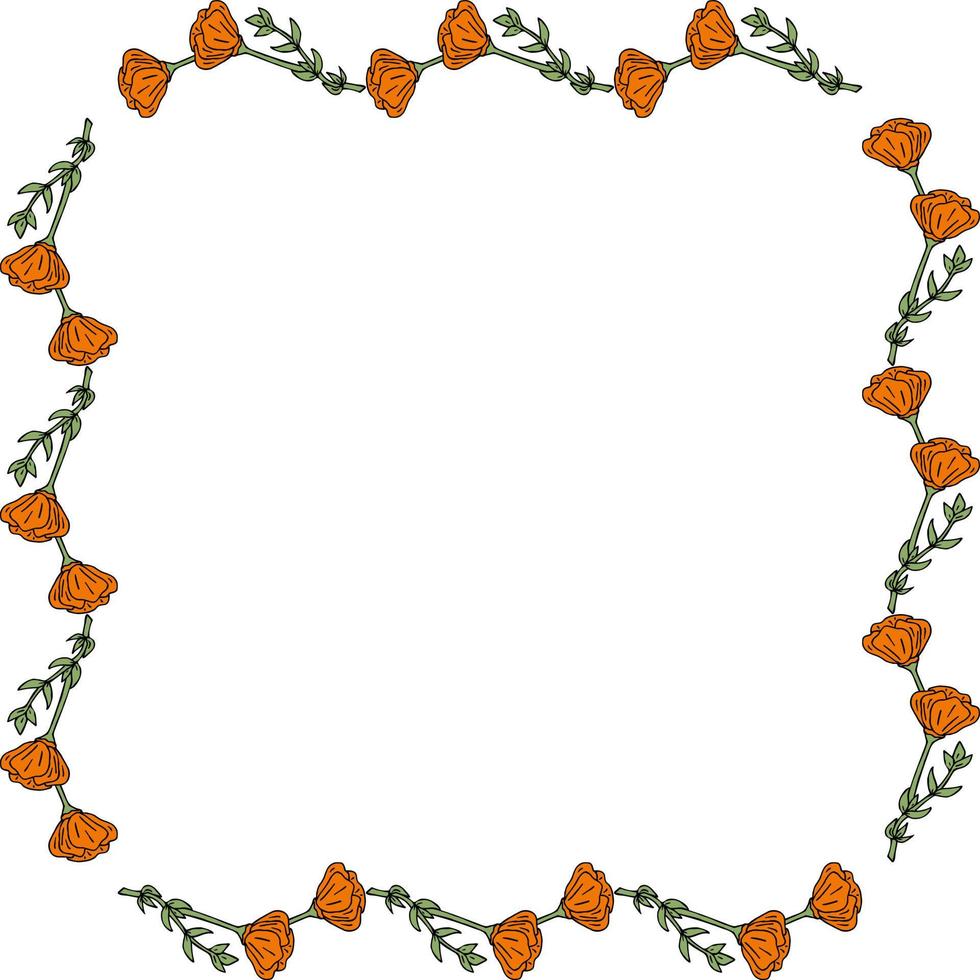 Square frame with cute orange flowers on white background. Vector image.