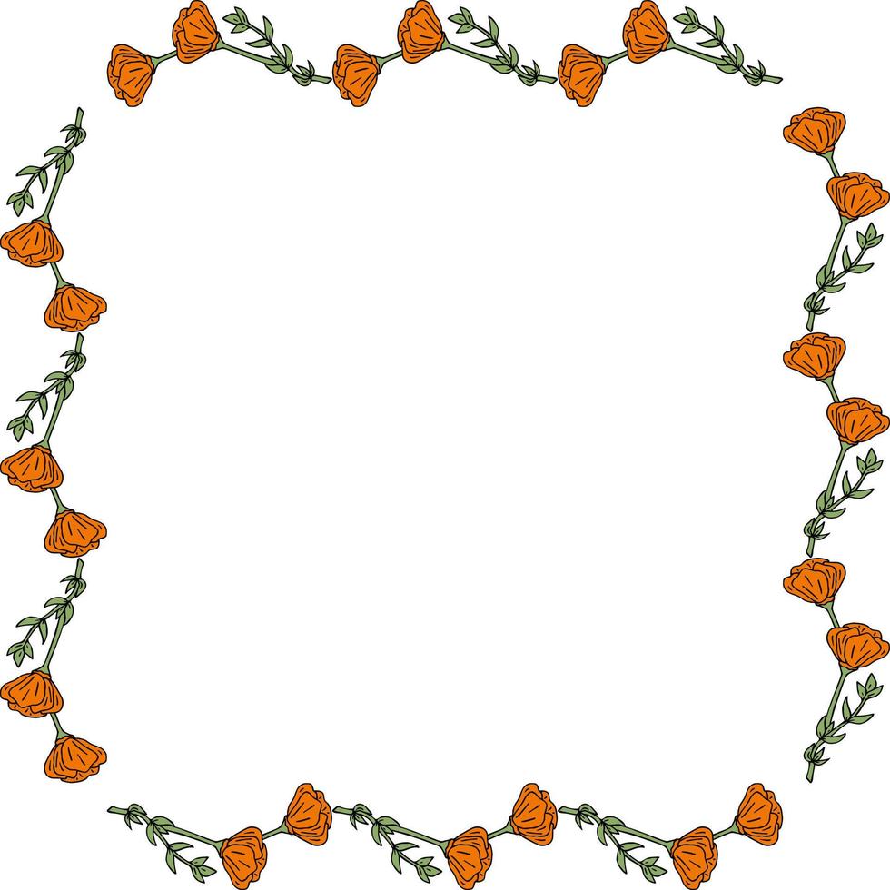 Square frame with cute orange flowers on white background. Vector image.
