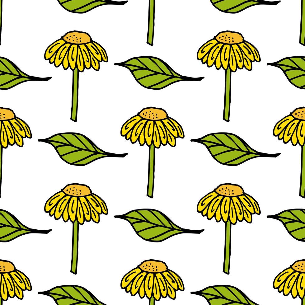 Seamless pattern with awesome yellow flowers and leaves on white background. Vector image.