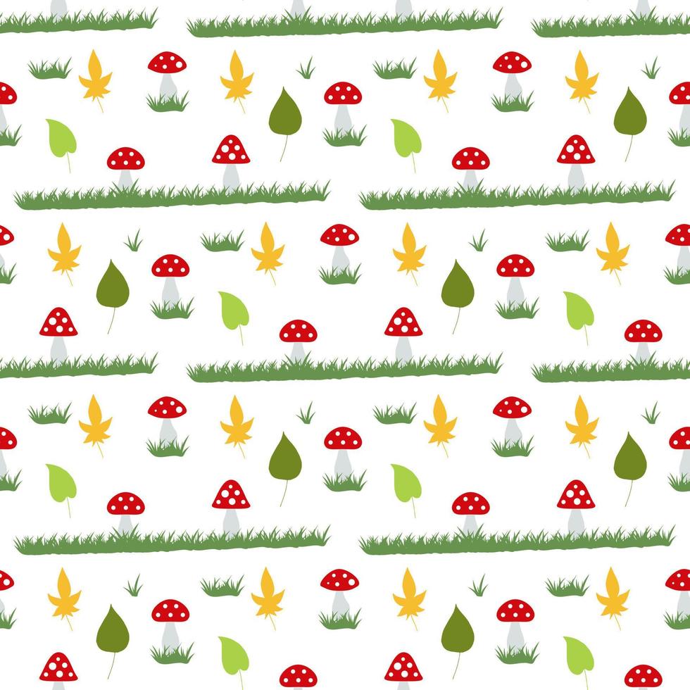 Seamless pattern with creative amanita muscaria and autumn leaves on white background. Vector image.