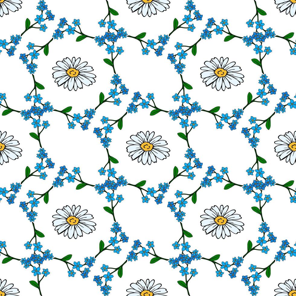 Seamless pattern with chamomile and forget-me-not flowers on white background. Vector image.