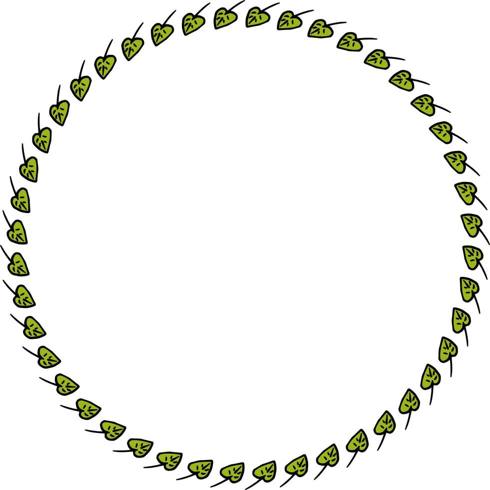Round frame with positive green leaves on white background. Vector image.