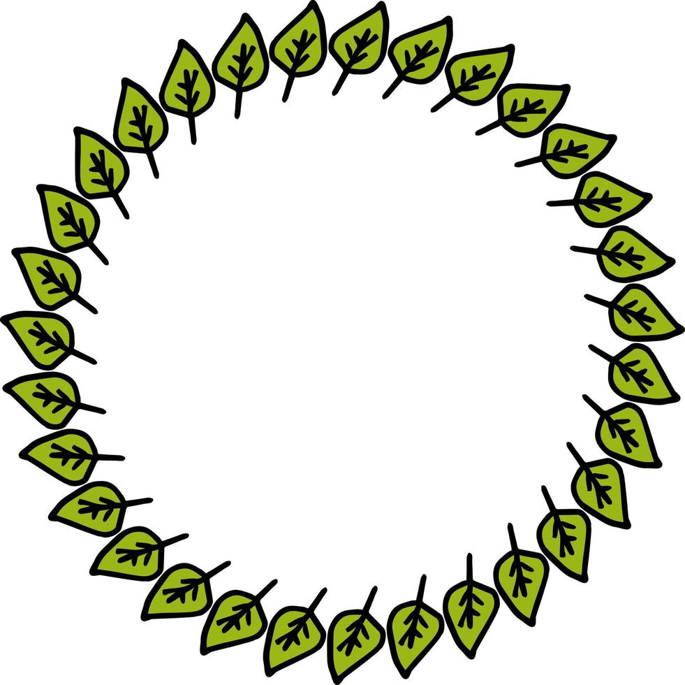 Round frame with positive beautiful green leaves on white background. Vector image.