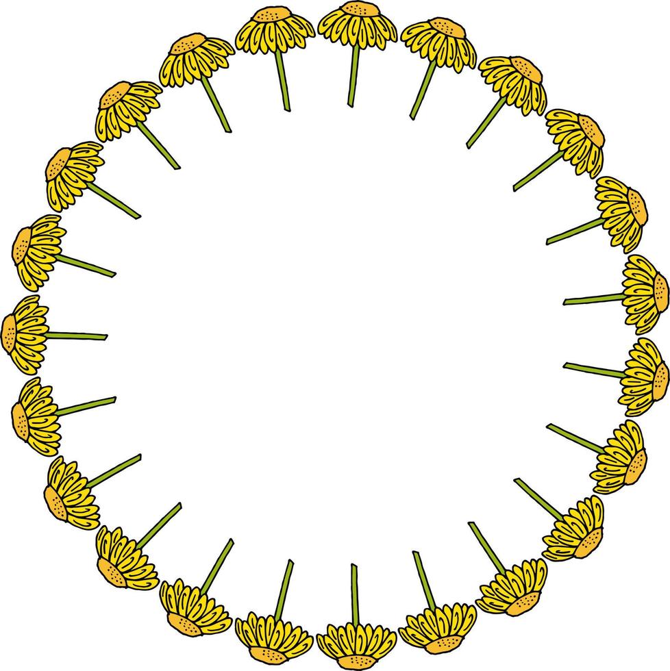 Round frame with awesome yellow flowers on white background. Vector image.