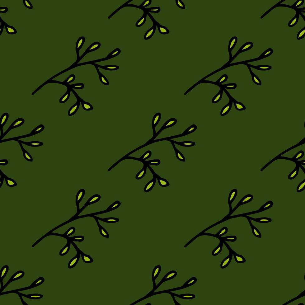 Seamless pattern with bright green branches on dark green background. Vector image.