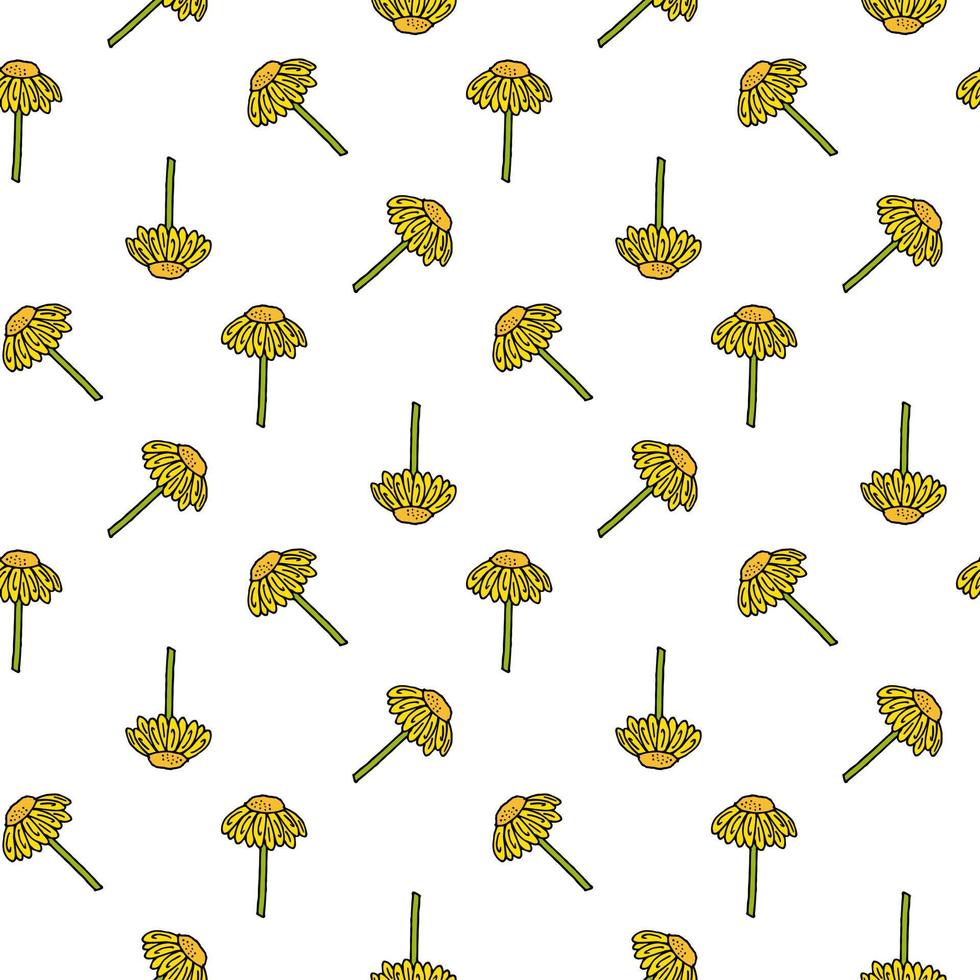 Seamless pattern with awesome yellow flowers on white background. Vector image.