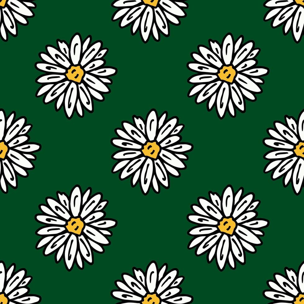 Seamless pattern with awesome chamomile on dark green background. Vector image.