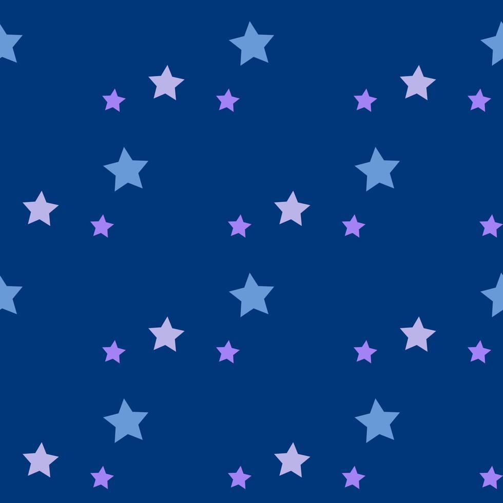 Seamless pattern in light blue and violet stars on dark blue background for fabric, textile, clothes, tablecloth and other things. Vector image.