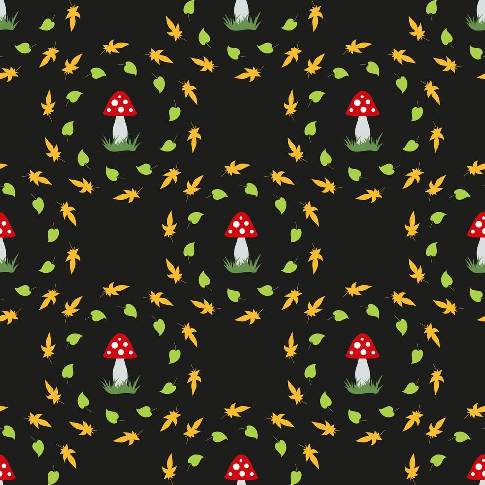 Seamless pattern with beautiful amanita muscaria and autumn leaves on black background. Vector image.