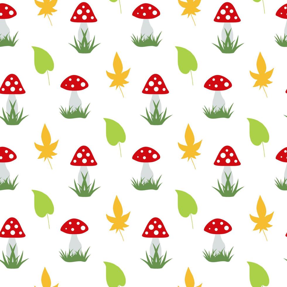 Seamless pattern with amanita muscaria and autumn leaves on white background. Vector image.