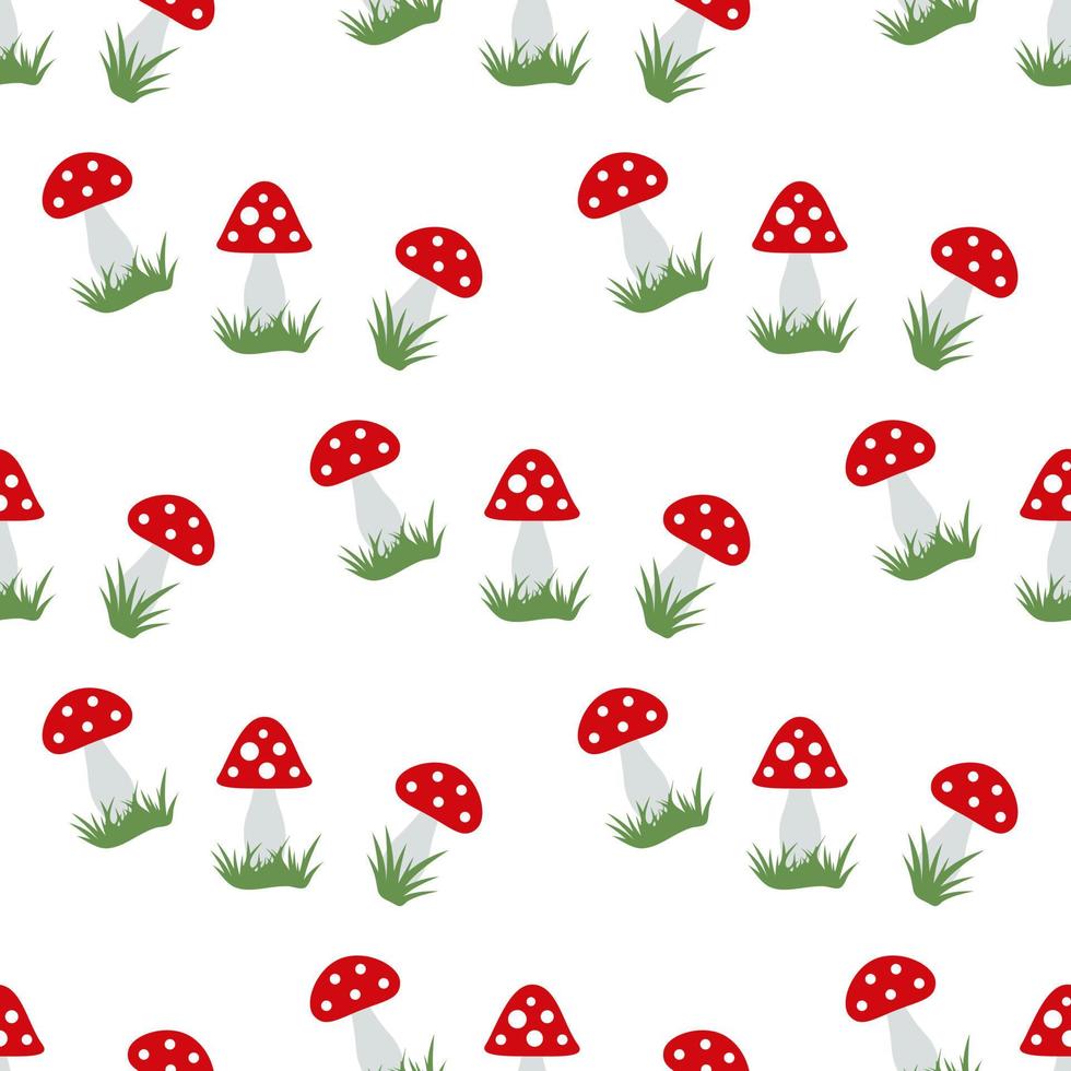 Seamless pattern with little amanita muscaria on white background. Vector image.