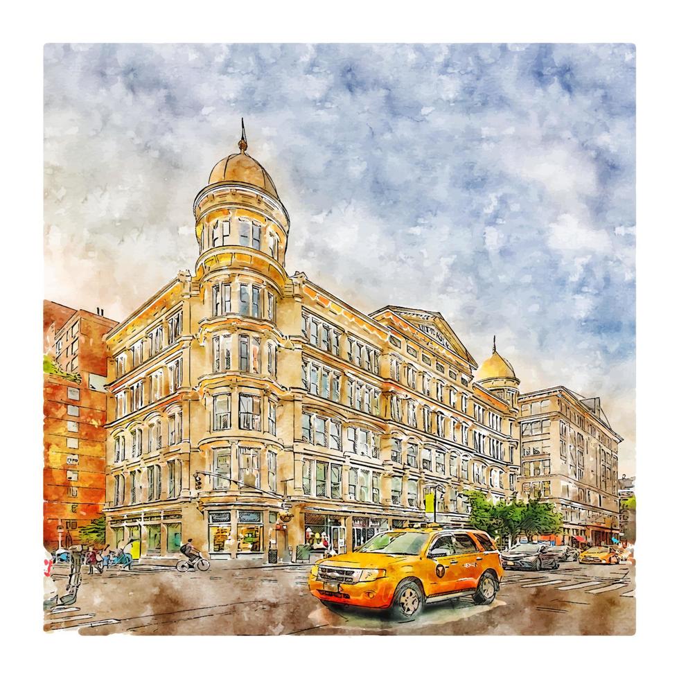 Manhattan New York Watercolor sketch hand drawn illustration vector