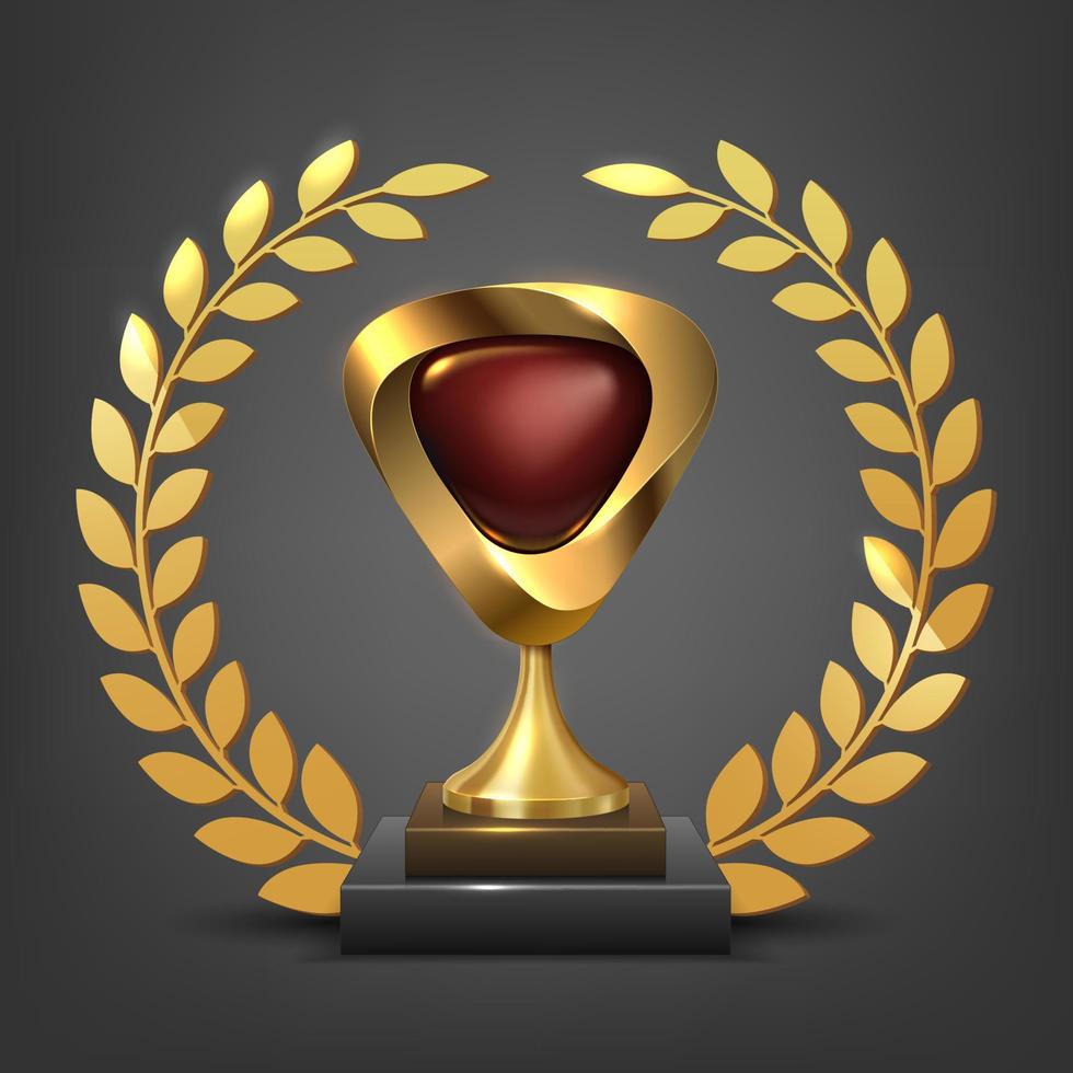 Realistic Gold with red shape trophy with laurel wreath, Vector Illustration