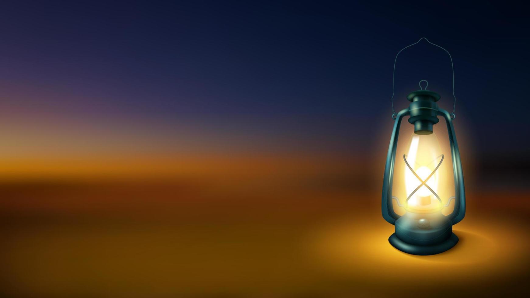 Realistic Lantern isolated on night blurred background, Kerosene lamp illuminated. Vector Illustration