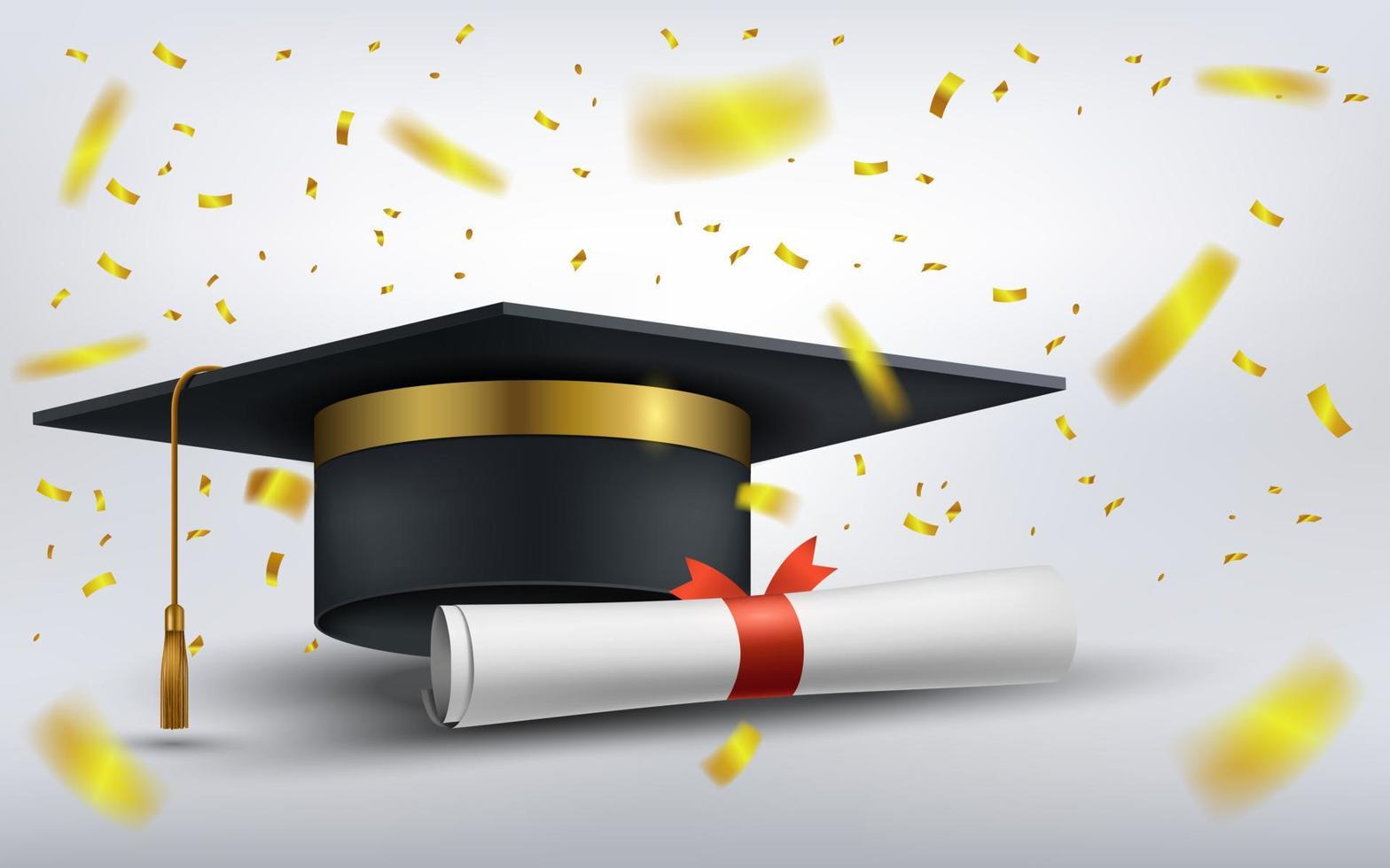 Graduation cap with diploma paper and falling gold confetti. Vector Illustration