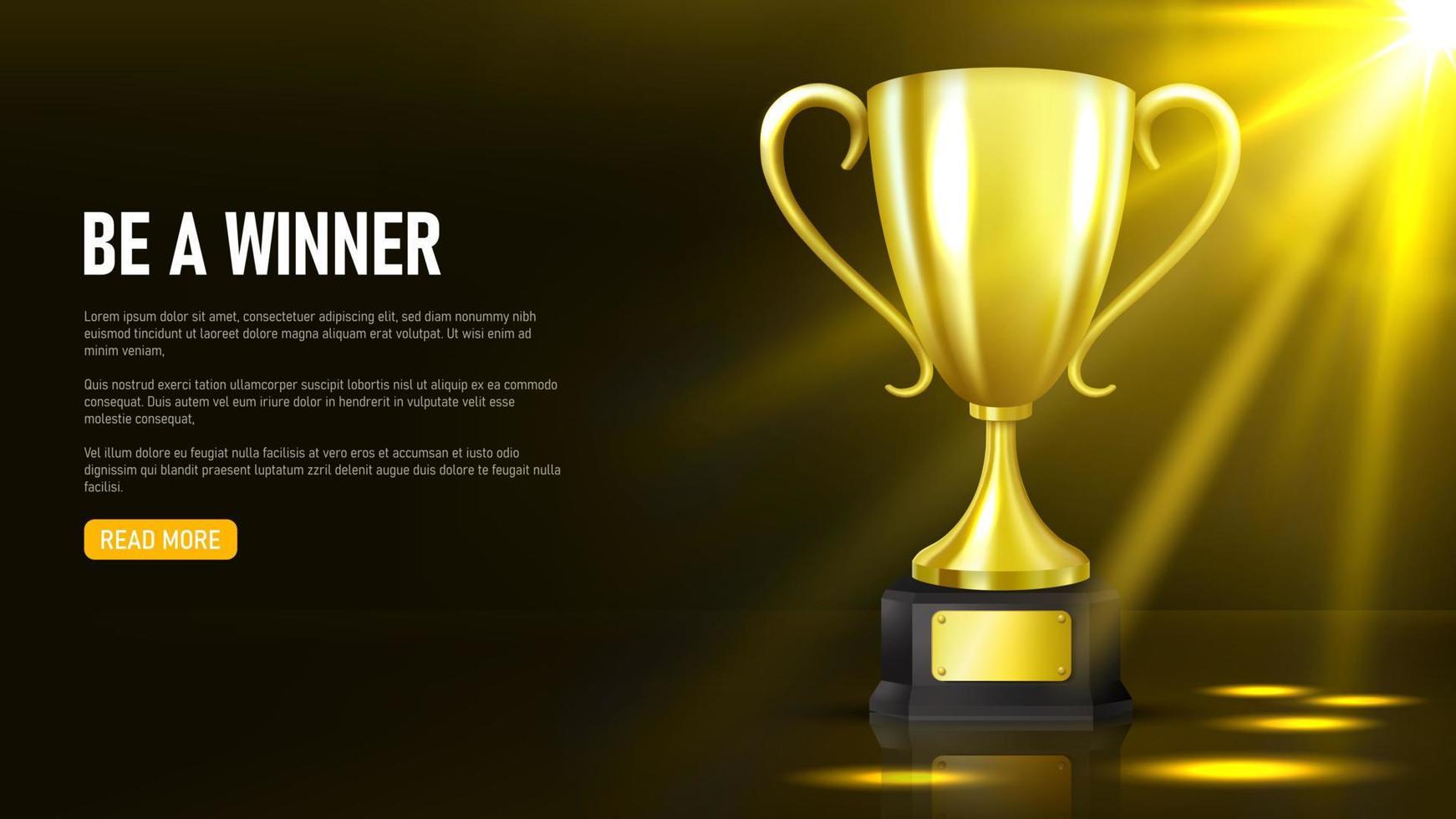 Shiny gold trophy with illuminated gold light on a dark background, Vector illustration