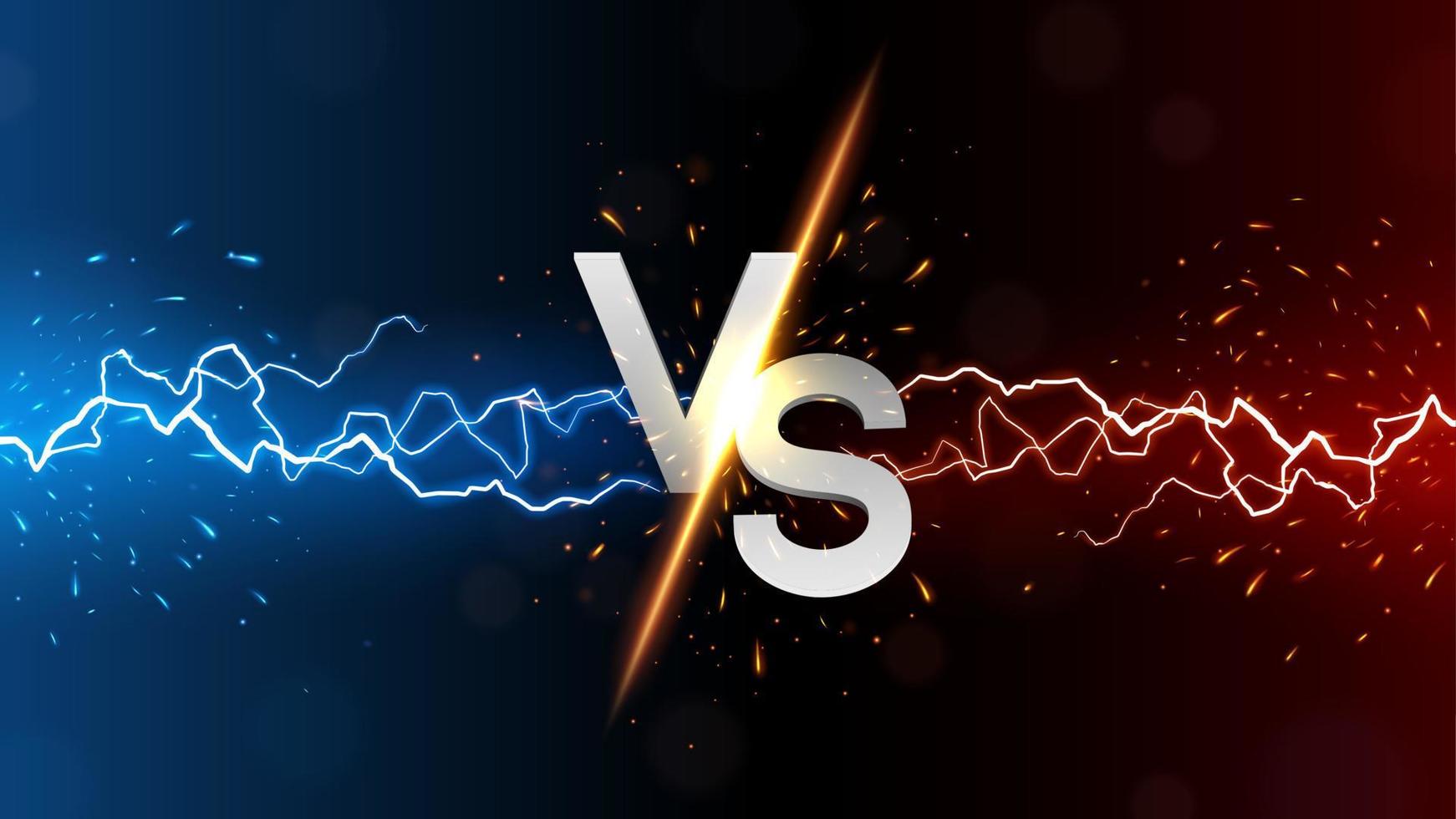 versus banner con fuego brillante y relámpagos, aislado en fondo rojo y azul, fácil de editar. ilustración vectorial vector