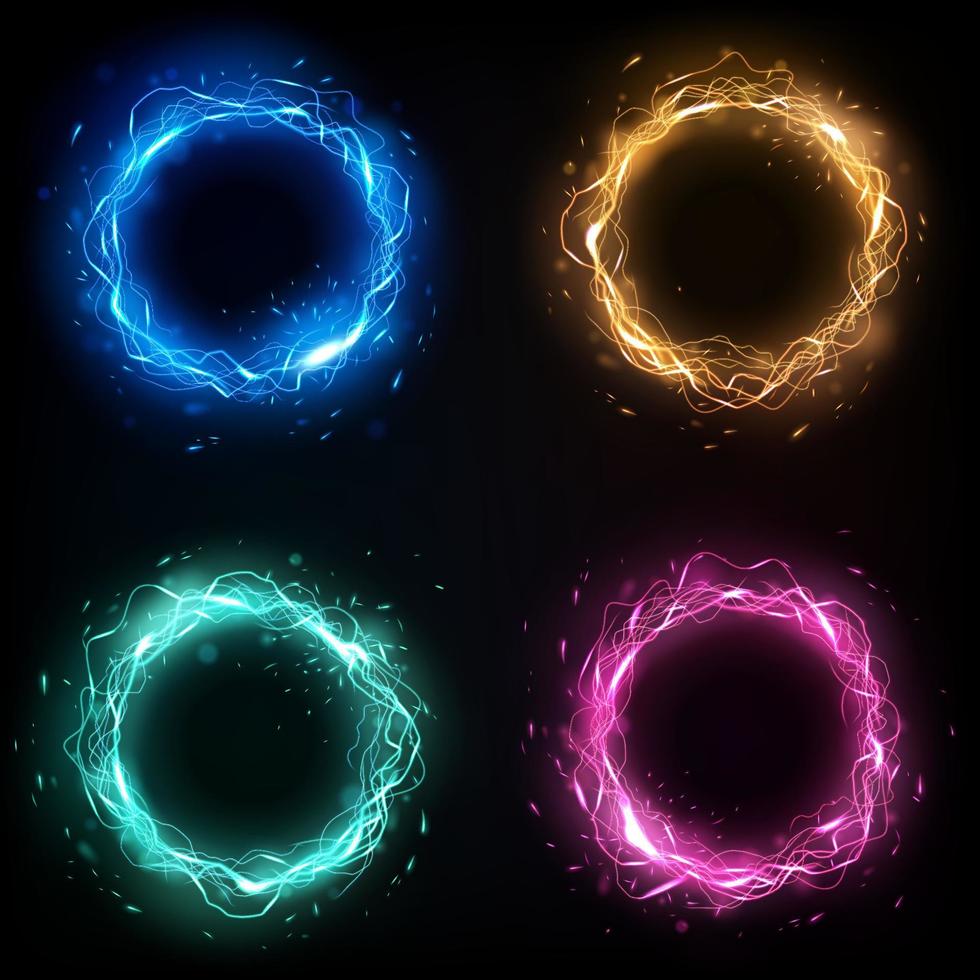 Four Color Lightning Rings with sparks effect, 4 isolated sets. Vector