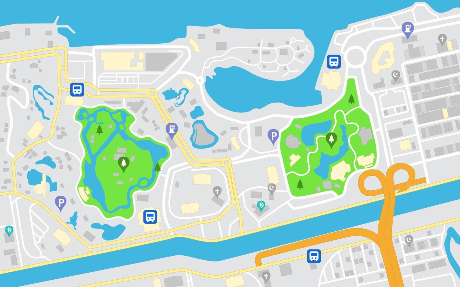 mapa de navegación de la ciudad plana, parques de calles y río con vista superior. ilustración vectorial vector