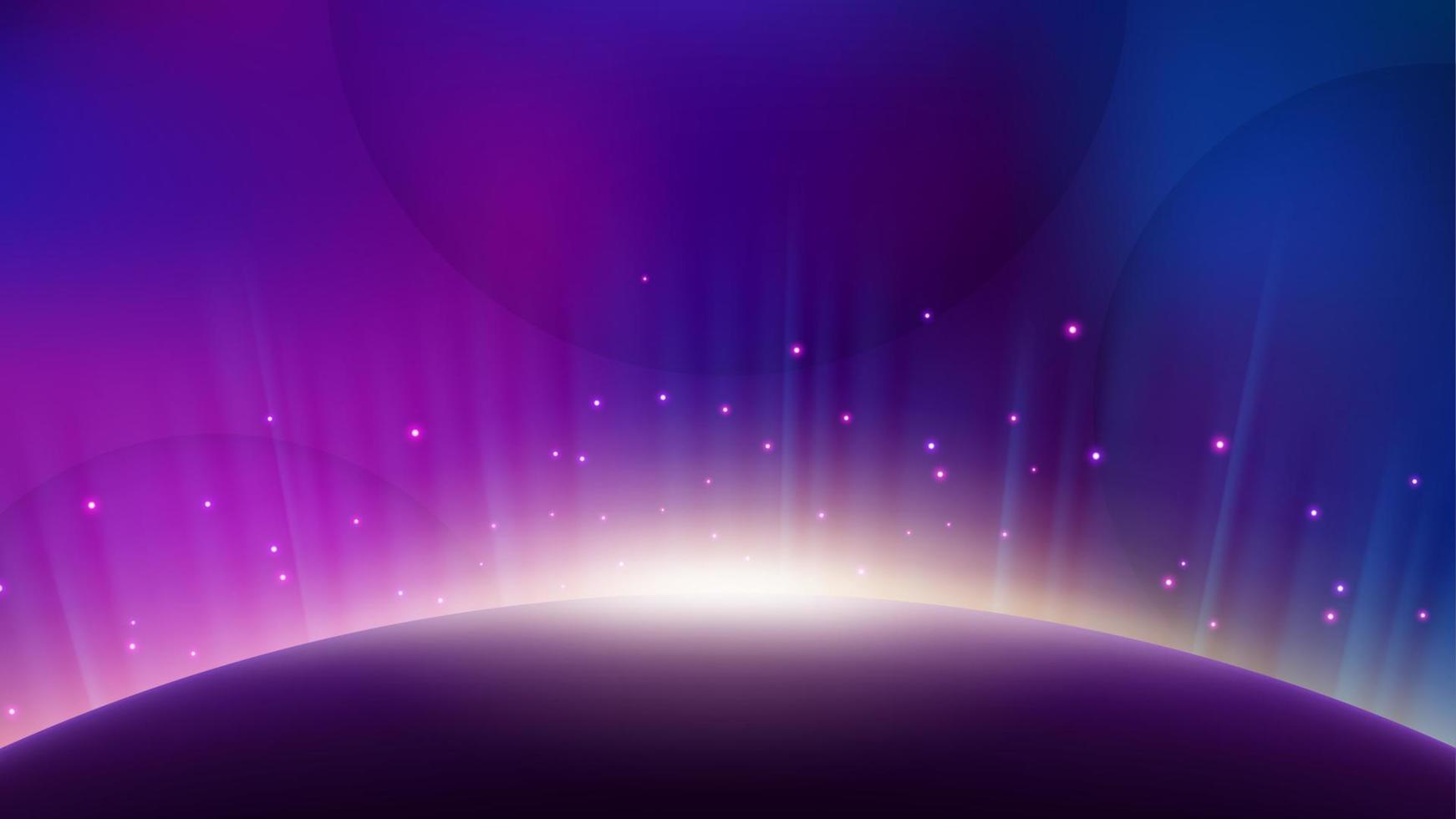 Violet Aurora Rising from Planet Horizon, Glowing Shine Background. Widescreen Vector Illustration