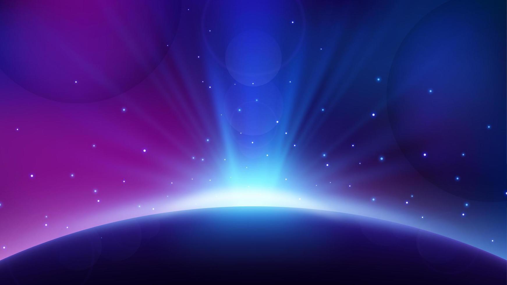 Blue Light Rising from Planet Horizon, Glowing Shine Background. Widescreen Vector Illustration