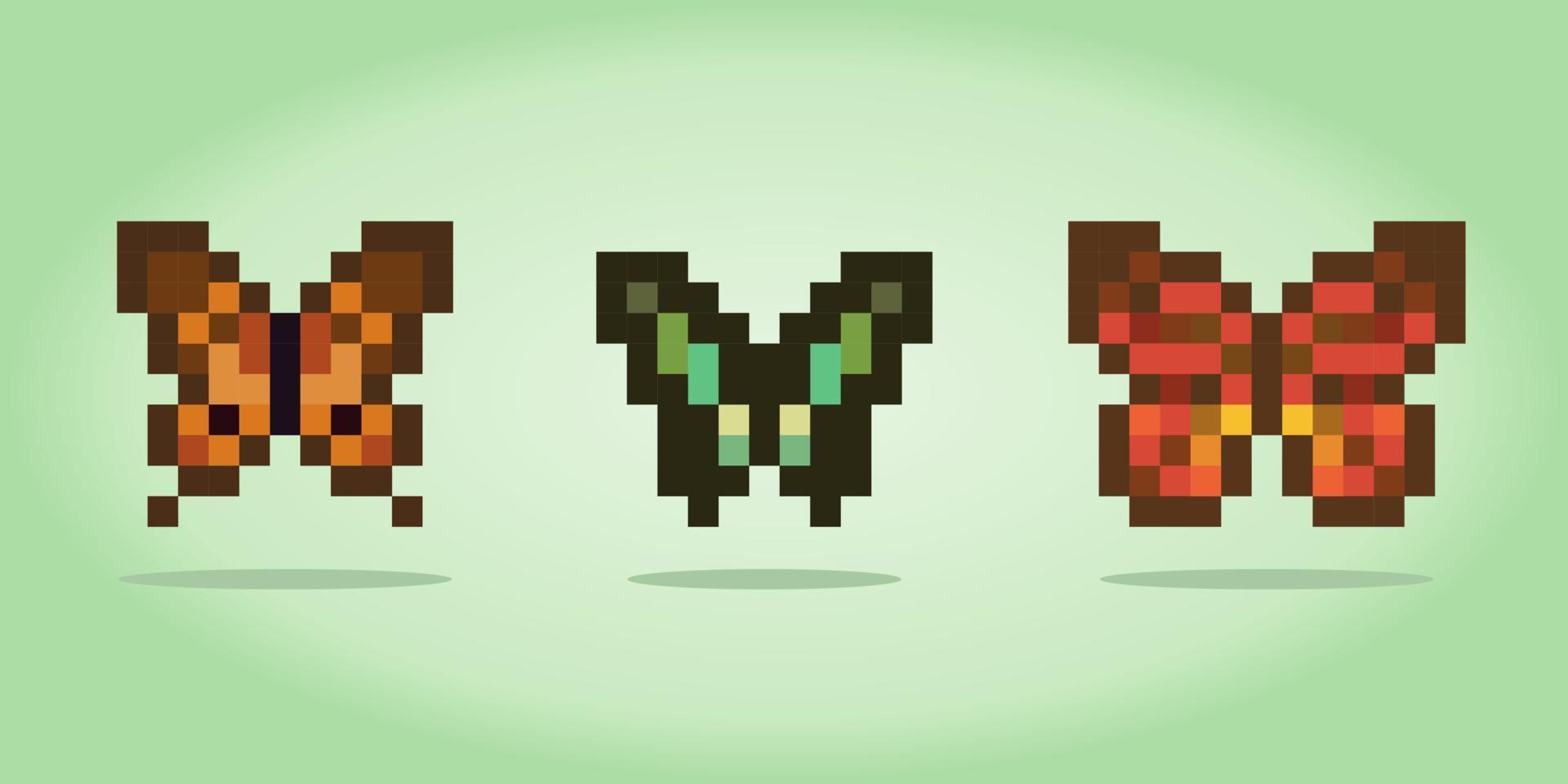 mariposa de conjunto de píxeles de 8 bits. animal para activos de juego en ilustración vectorial. vector