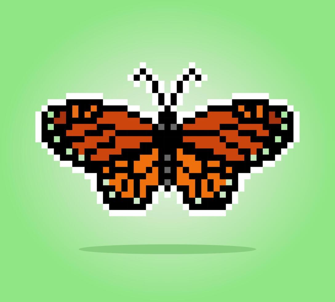 Pixel 8 bit butterfly. Animal for game assets in vector illustration.