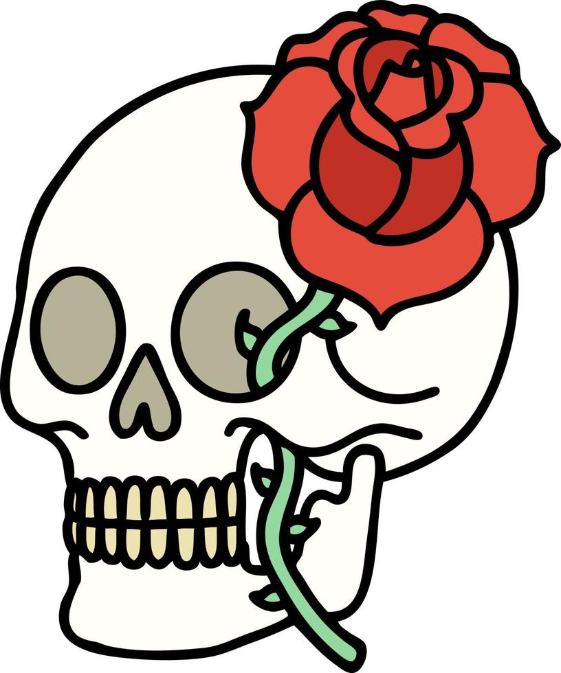traditional tattoo of a skull and rose vector