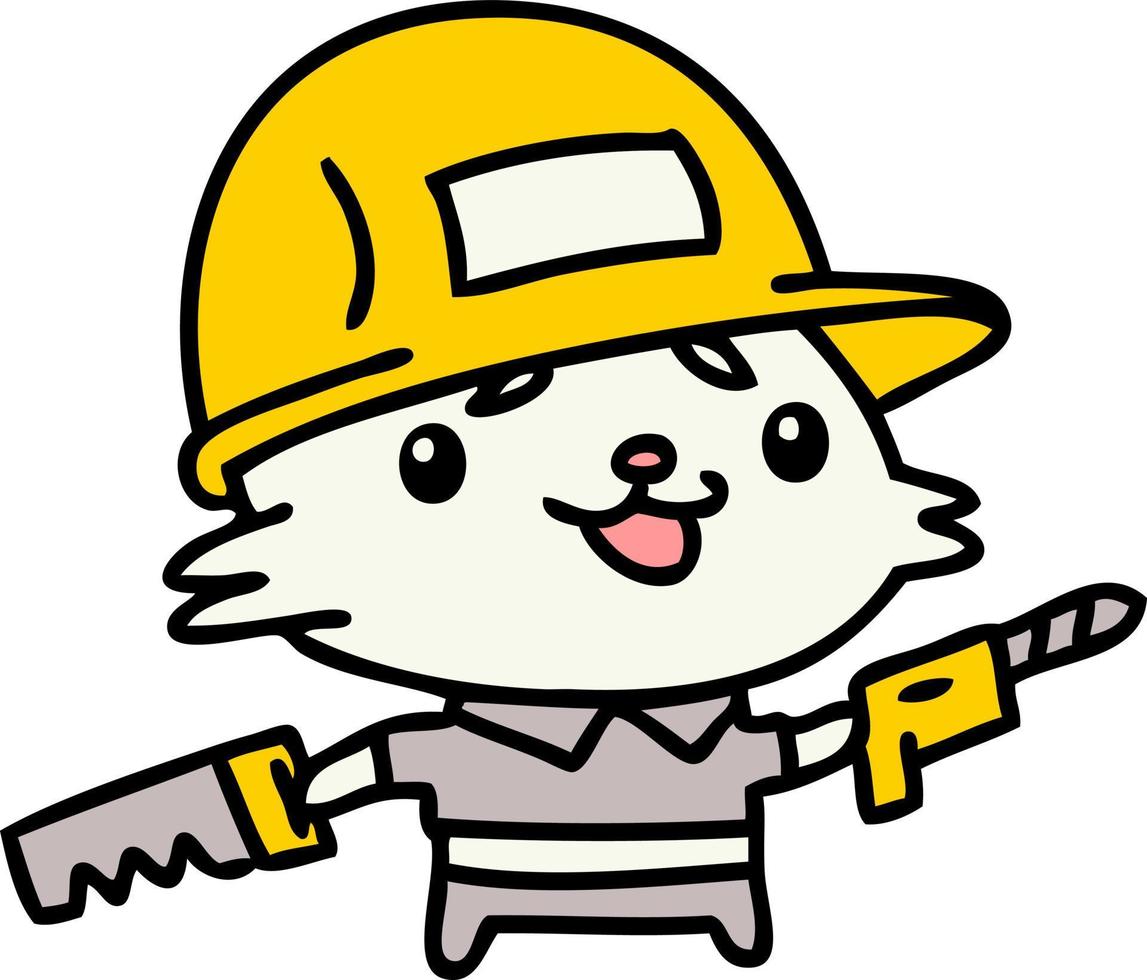 cartoon cat wearing a work hat and holding tools vector