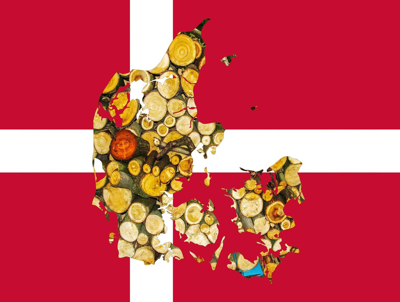 Outline map of Denmark with the image of the national flag. Firewood inside the map. Collage illustration. Energy crisis. photo