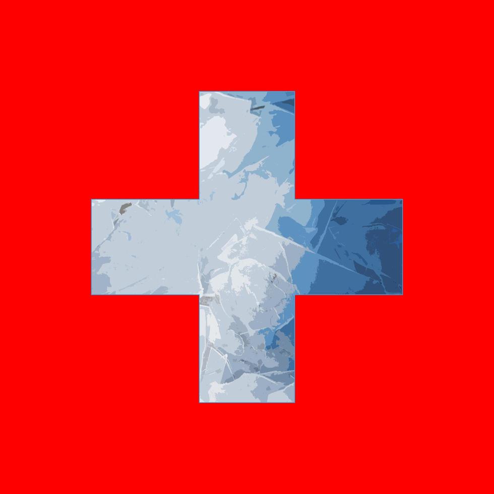 esquema del mapa de suiza con la imagen de la bandera nacional. hielo dentro del mapa. ilustración de collage crisis de energía. foto