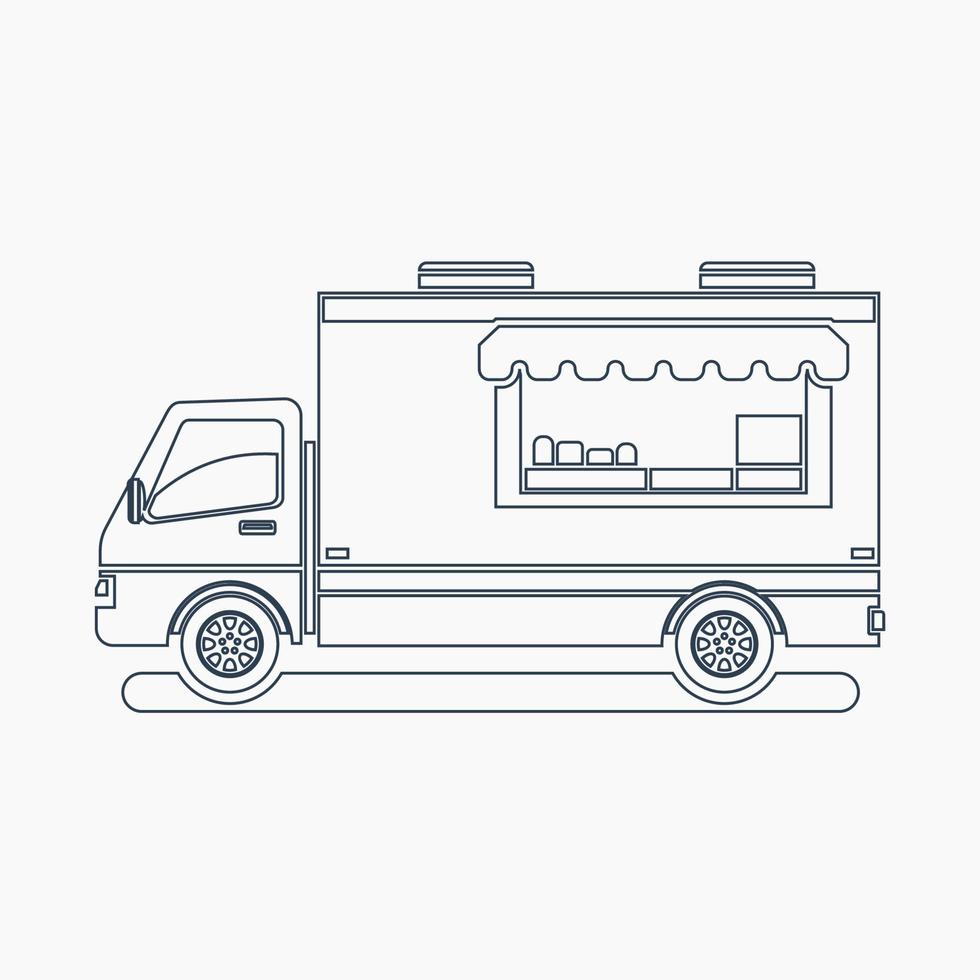 Editable Side View Mobile Food Truck Vector Illustration in Outline Style for Artwork Element of Vehicle or Food and Drink Business Related Design