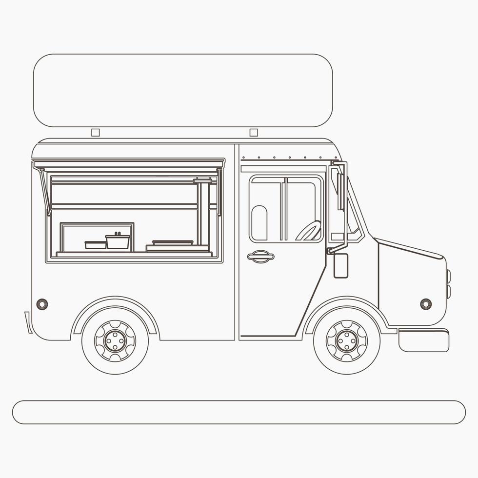 Editable Side View Mobile Food Truck Vector Illustration With Sign Board in Outline Style for Artwork Element of Vehicle or Food and Drink Business Related Design