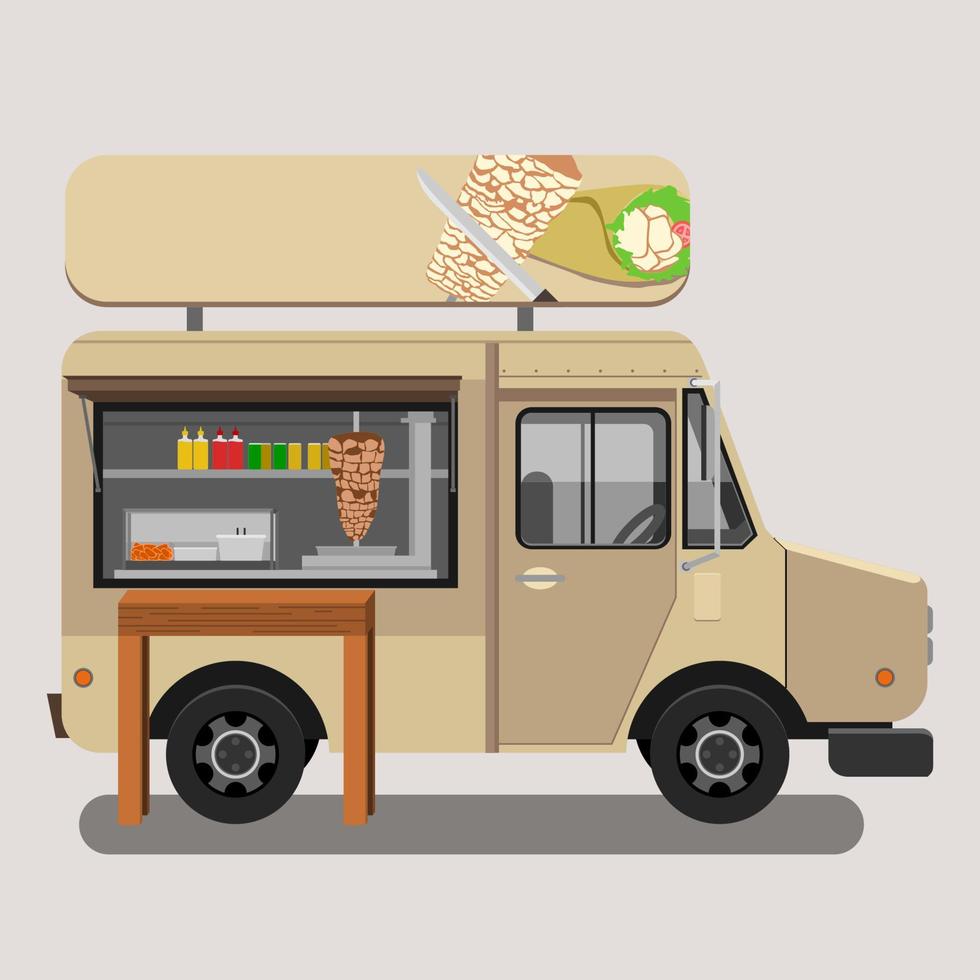 Editable and Detailed Side View Turkish Kebab Van Shop Vector Illustration With Billboard on Top and Table for Mobile Food Truck Related Concept