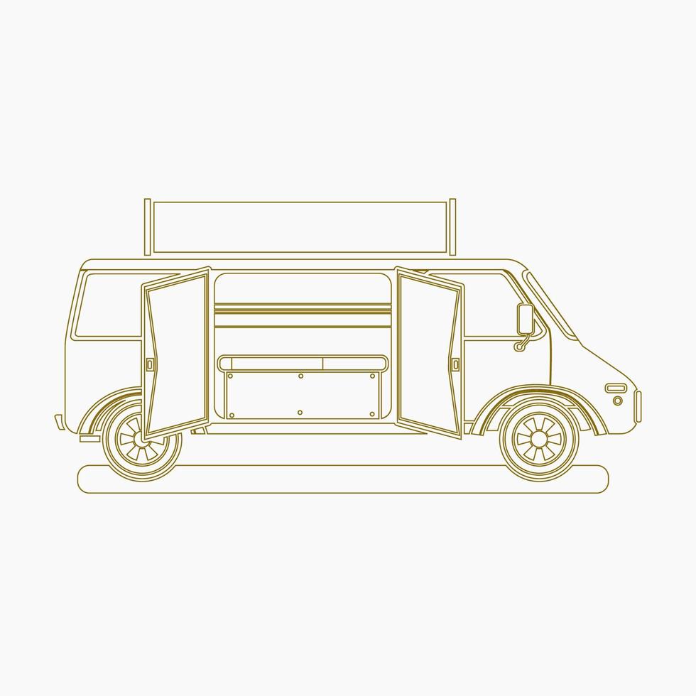 Editable Side View Two Doors Mobile Food Truck Vector Illustration With Sign Board in Outline Style for Artwork Element of Vehicle or Food and Drink Business Related Design