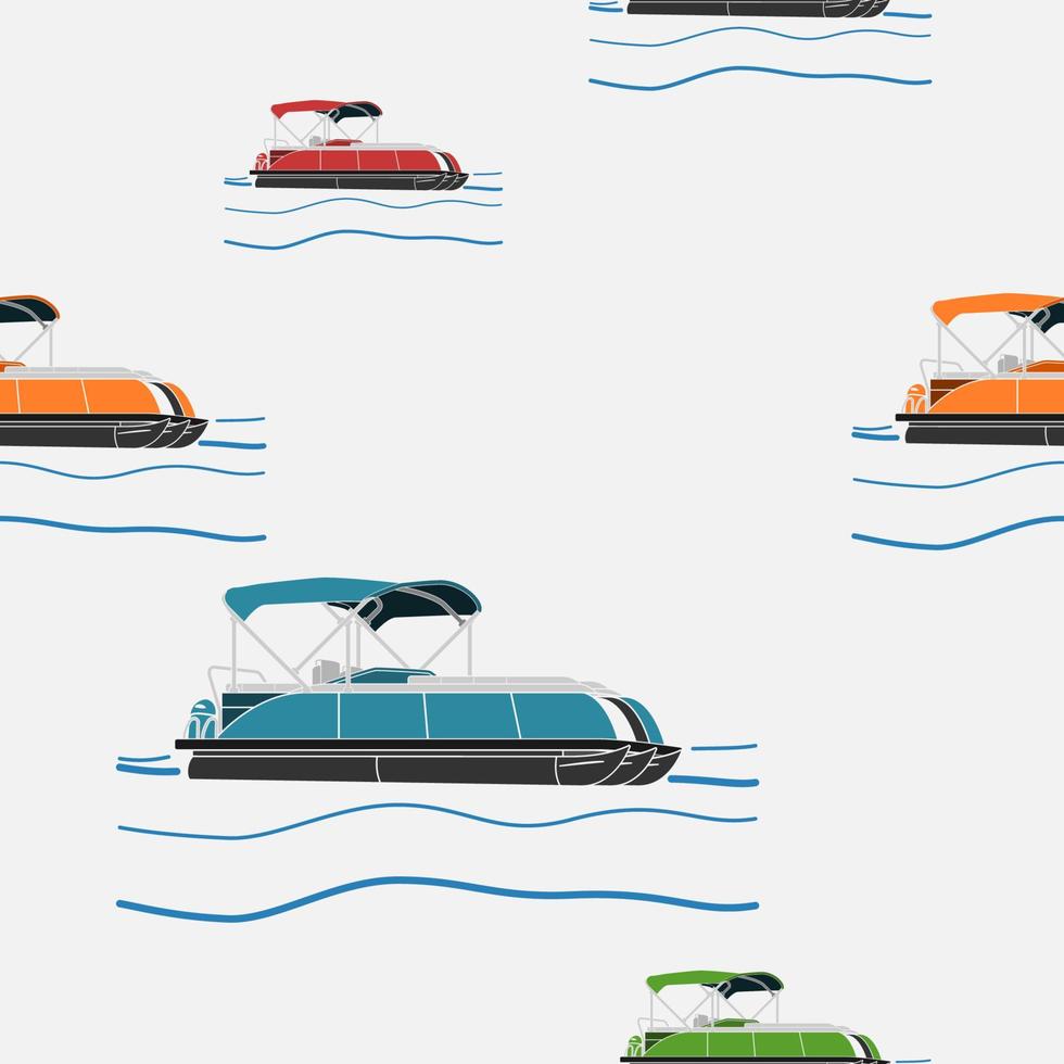 Editable Semi-Oblique Side View Pontoon Boat Vector Illustration in Flat Style With Various Colors as Seamless Pattern for Creating Background of Transportation or Recreation Related Design
