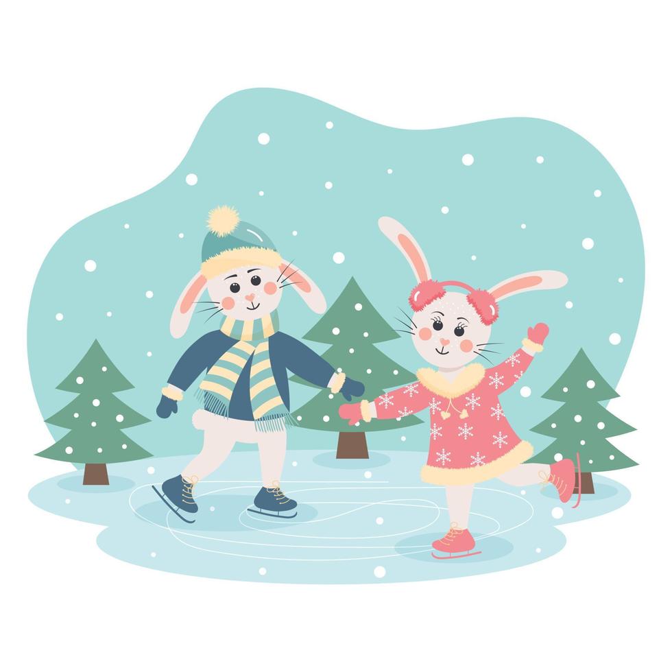 Cute bunnies in warm clothes skating on an ice rink in the forest. Winter greeting card. vector