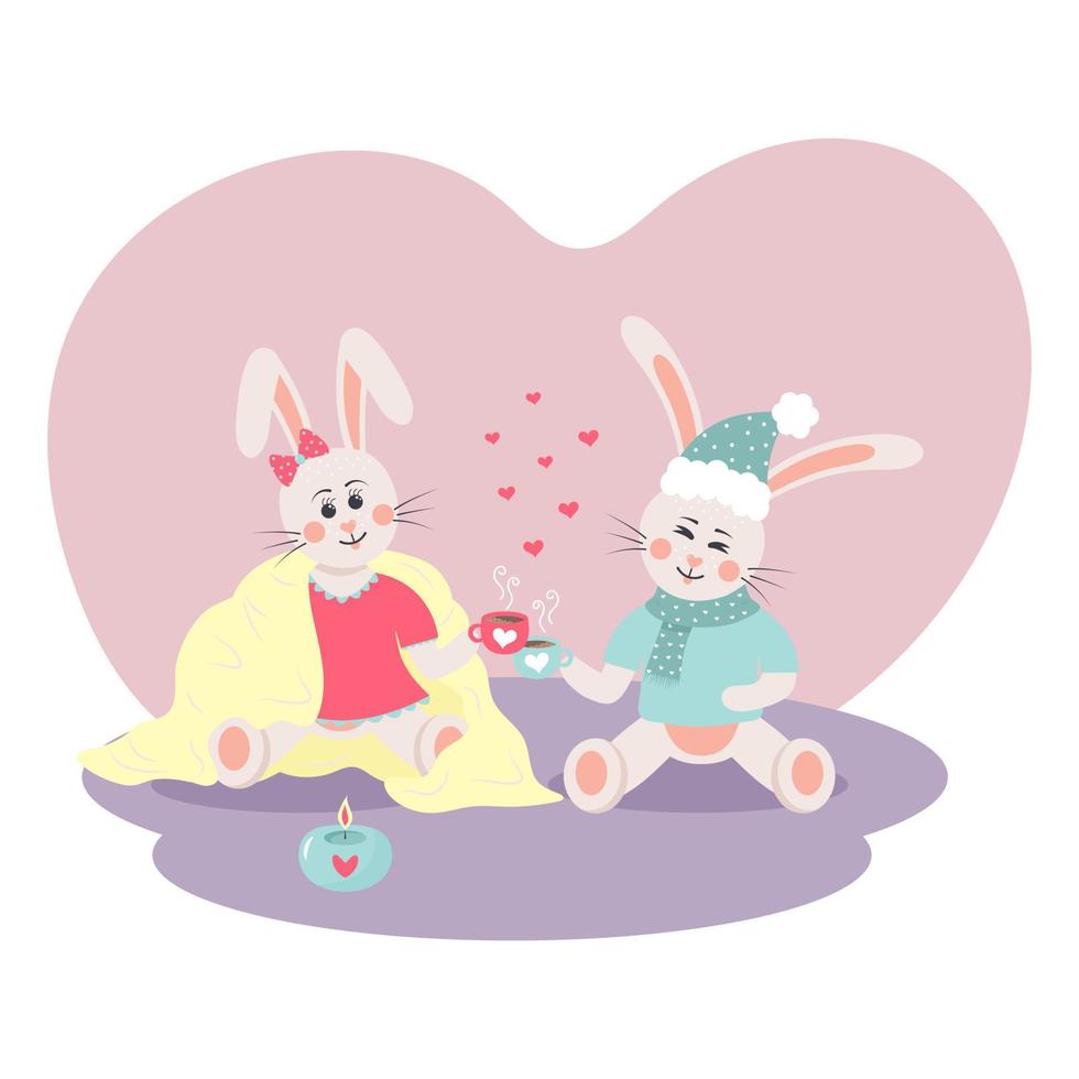 Cute bunnies in love drink coffee. Comfort, plaid, warm clothing, cozy candle, hygge atmosphere. vector
