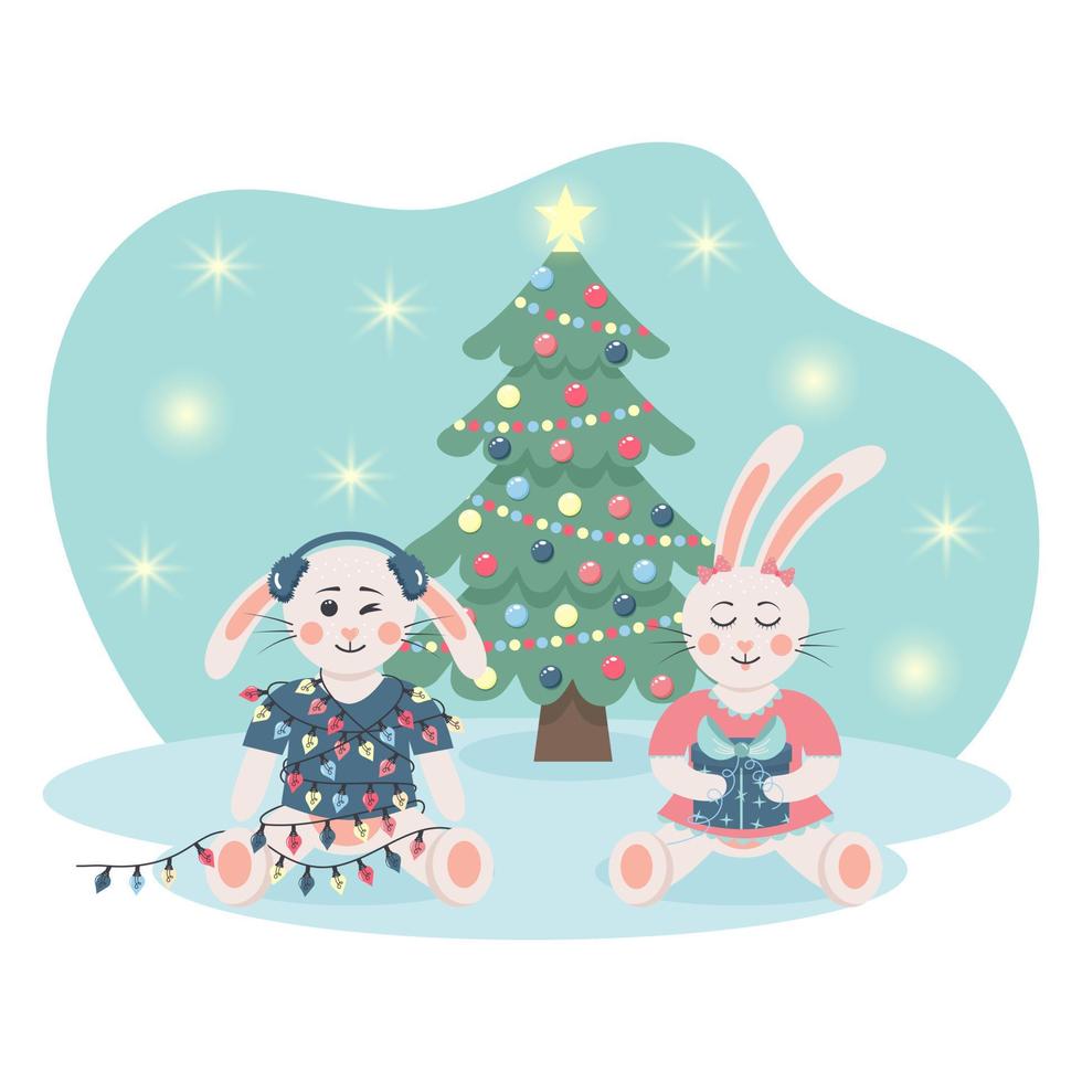 Cute bunnies sitting with garland and gift box near the christmas tree. Christmas greeting card. vector