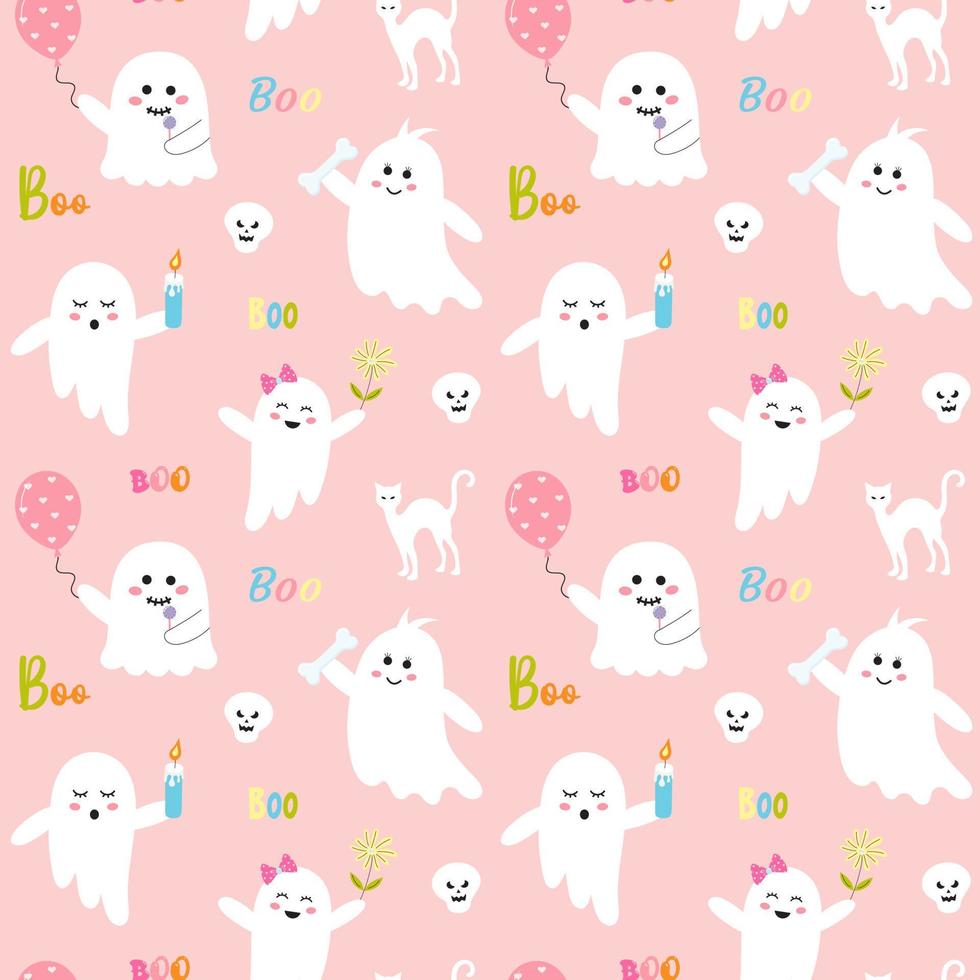 patrón de halloween sin costuras con lindos fantasmas rosados, cita boo, gato blanco y calavera. estampado infantil rosa para envolver y textiles. vector