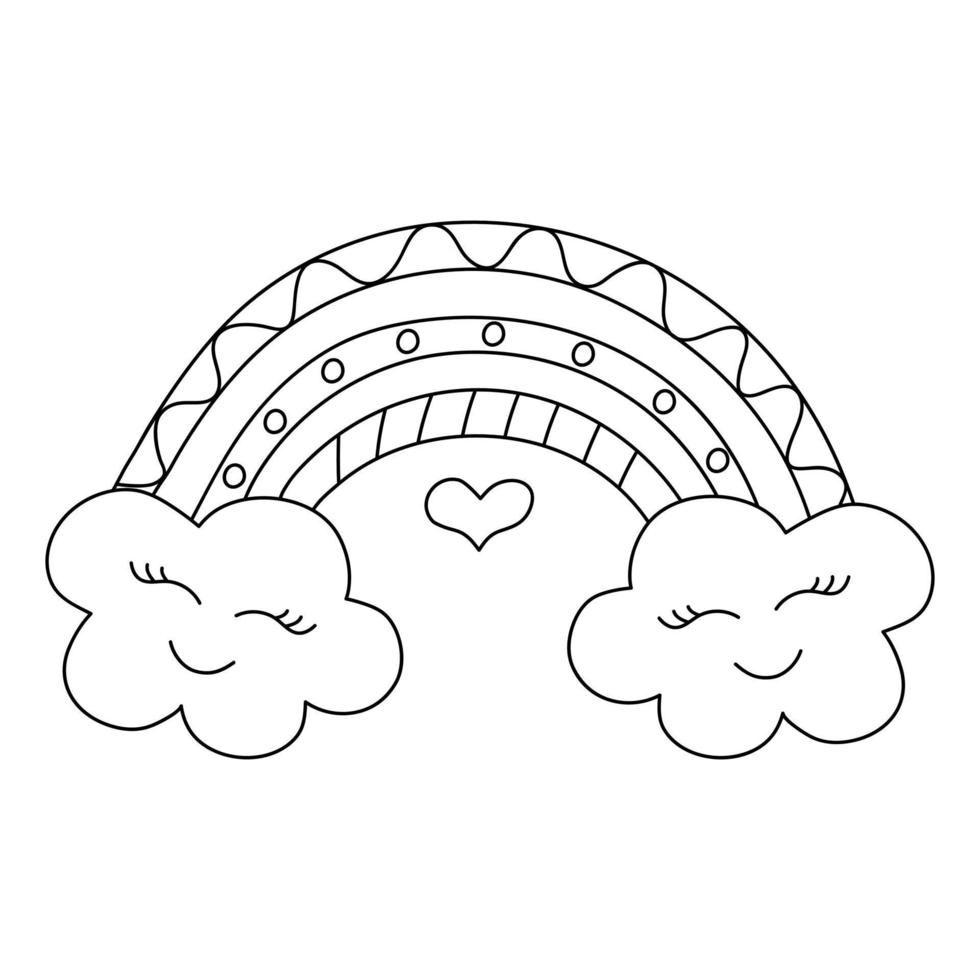 Cute kawaii doodle rainbow with clouds. Hand drawn line art vector illustration.