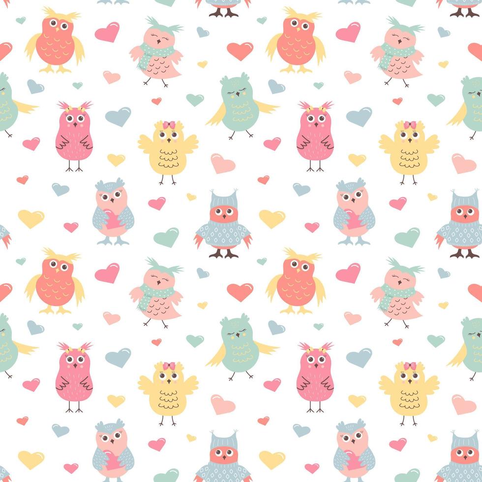 Cute owls in warm clothes and hearts seamless pattern. Scandinavian boho print. vector