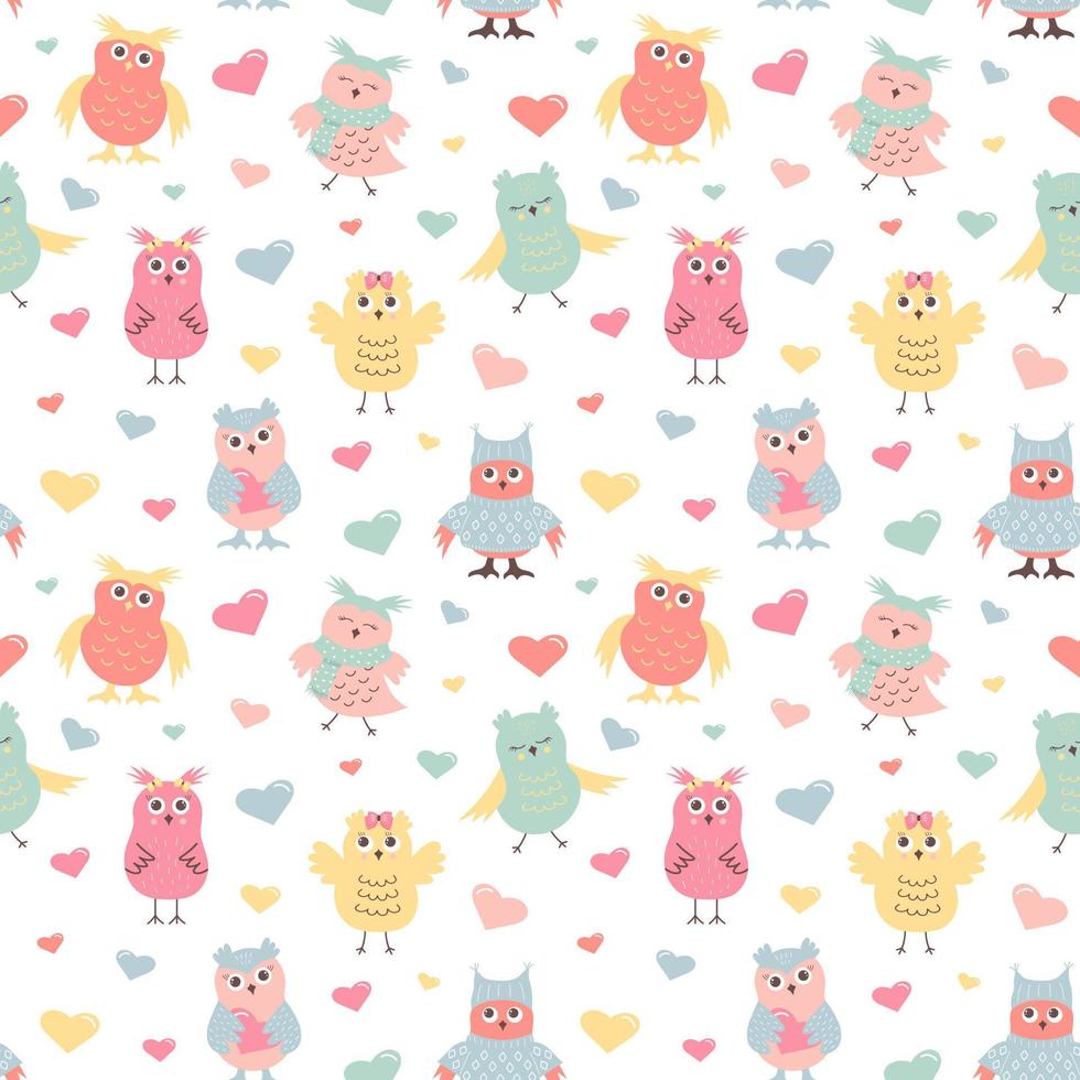 Cute owls in warm clothes and hearts seamless pattern. Scandinavian boho print. vector