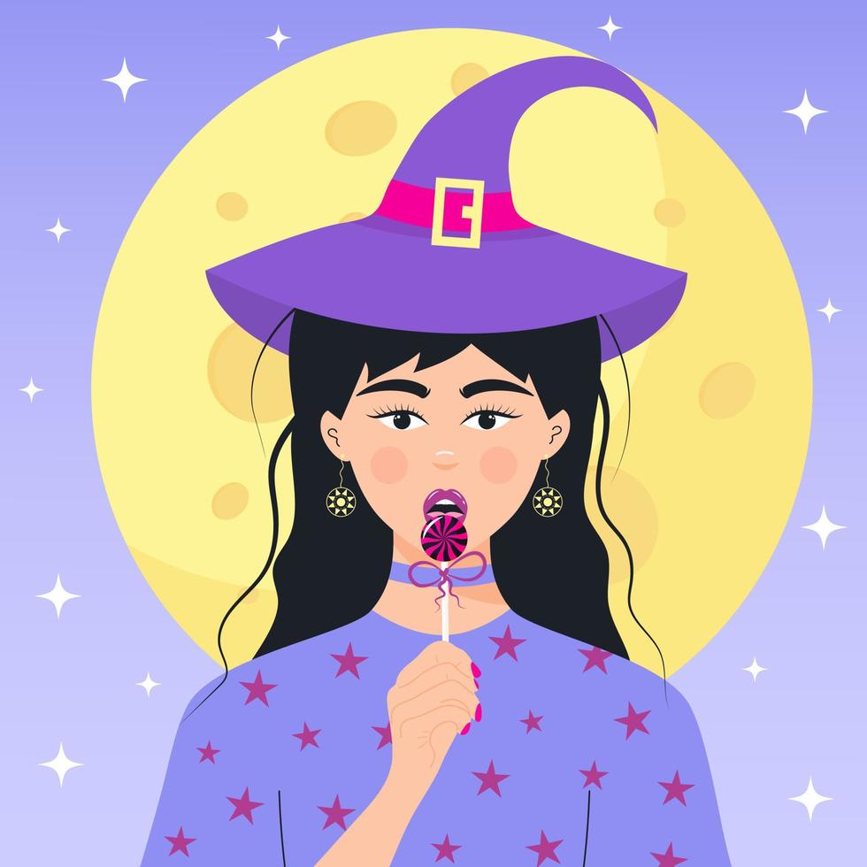 chica bruja en un sombrero de halloween con piruleta. hermoso personaje femenino de halloween frente a la luna. retrato mágico de mujer joven. vector