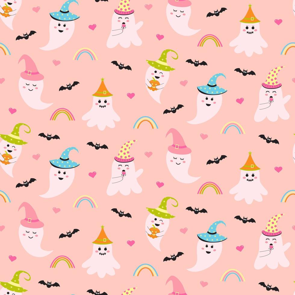 Seamless pattern with cute pink halloween ghost, bats, rainbows and hearts. Creepy baby boo characters print for textile and wrapping. vector